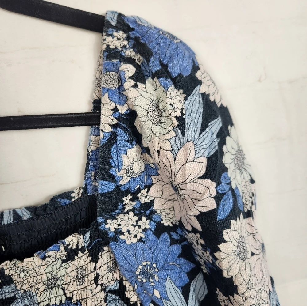 J.Crew 100% Linen Daydream Zinnia Floral Smocked Midi Dress Blue Medium